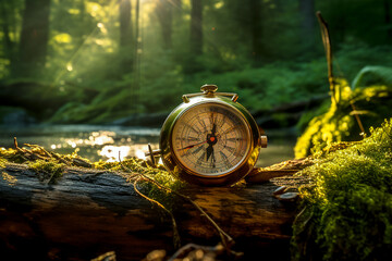 Vintage compass on the log in forest, warm sun light, generative AI.