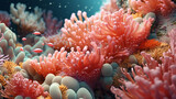 Coral reef background. Undersea tropical world. Turquoise and pastel pink colored coral reef, anemone and sea plant. Ai generated illustration