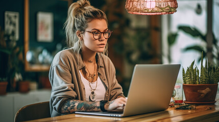 Young woman working on laptop in cafe. Girl with tattoo, designer freelancer or student work on computer laptop at table, AI generative
