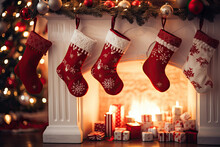 White And Red Stockings Hanging By The Fireplace. 