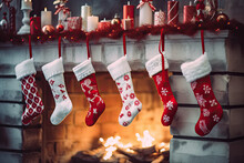 White And Red Stockings Hanging By The Fireplace. 