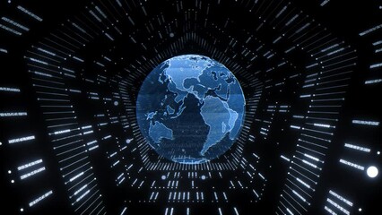 3D futuristic visualisation of metaverse immersive virtual world with endless space from digital tunnel and holographic globe of Earth, 4K seamless sci-fi animated background
