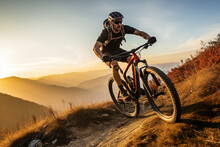 Young Man Riding Bicycle On Mountain Trail Sport