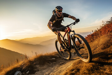 Young man riding bicycle on mountain trail sport