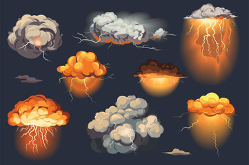 Storm set in the flat cartoon style. A stunning set of illustrations on a dark background showing dramatic storm clouds in a vibrant lightning design. Vector illustration.
