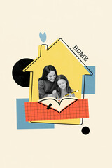 Poster - Vertical collage image of black white effect mother help daughter homework painted home building isolated on creative background