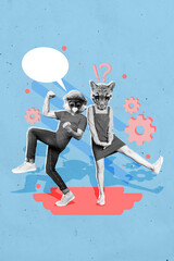 Sticker - Couple of two colleagues black white retro style picture collage masks wild animals speaking create mechanism isolated on blue background