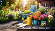 Display of gardening supplies: flowers, pots, soil, and plants, set against a sunny garden.