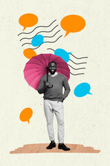 Banner poster collage of guy stand with umbrella on public listen people talking communicating speech bubble