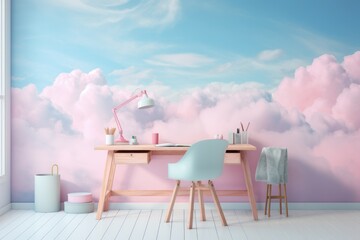 Pink pastel and white clouds on blue sky wall in interior with sofa and chairs ai generated