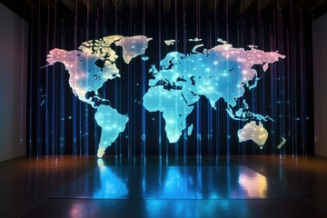 Wall Mural - holographic display of world map with data points