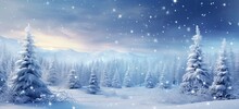 Enchanting Winter Wonderland With Snow-covered Trees. Peaceful Snowy Landscape, Wintry And Starry.