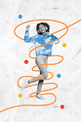 Poster - Creative collage sketch image of happy afro american girl listen song wireless mp3 player playlist isolated on painted background