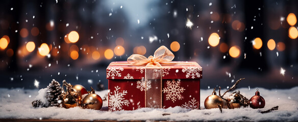 Wall Mural - Banner of Christmas gift box against bokeh background. Holiday greeting card.