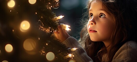 Wall Mural - Young girls face lights up with wonder as she admires the ornaments on the Christmas tree. Magical and joyous holiday celebration.