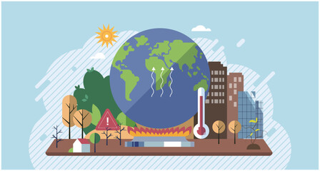 Climate change cycle as dried or dry cracked land suffering from drought. Industries create pollution and cities that affected by pollution. Metaphor climate change, global warming and water crisis