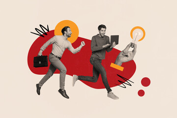 Poster - Abstract composite photo collage of excited guys look at laptop generating great business ideas isolated on creative drawing background