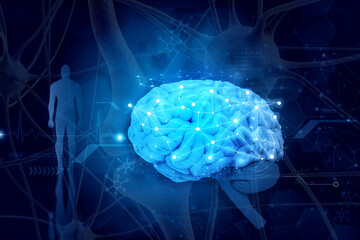 Wall Mural - Neural network in human brain on blue scientific background. 3d illustration.