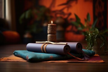 Canvas Print - rolled-up yoga mat with meditation cushions and incense