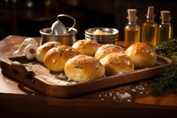 freshly baked bread rolls on a wooden board