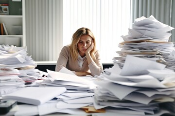 stressed, mad, migraine, young business woman, office worker people working with stack of papers.