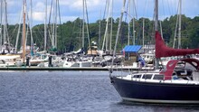 Sailboats Docked On Lake Champlain.