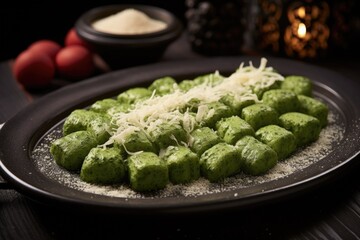 Wall Mural - gnocchi with pesto sauce and grated cheese on a plate