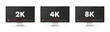 © StudioGraphic - Flat screen TV with 2k, 4k, 8k Ultra HD video technology vector icon, led television display with high definition digital technology symbol. Idea of wide screen computer monitor. Vector illustration