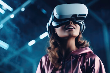 Aufkleber - Cyber girl, Teenage girl using virtual reality simulator, Concept of future technologies.