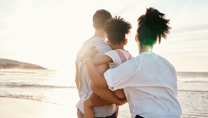 Wall Mural - Family, beach and watching sunset, travel and bonding, love with back view and together outdoor. Vacation, ocean and people in nature, man and woman with kid, sunshine and adventure with peace