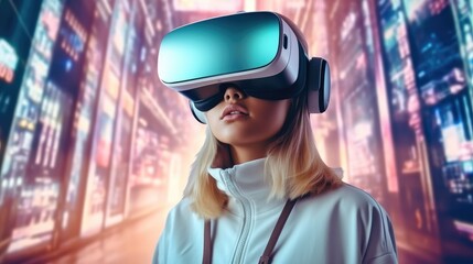 Aufkleber - Portrait of teen girl wearing VR headset, Cyber girl, Concept of future technologies.