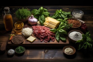 Sticker - lasagna ingredients arranged on a wooden table