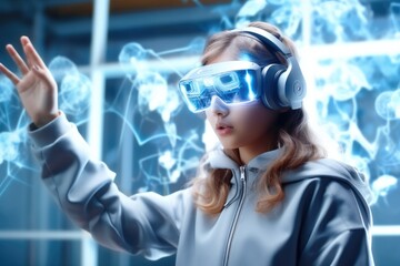 Aufkleber - Woman inside virtual metaverse concept, Virtual world experience, Virtual reality glasses, The concept of future technologies.