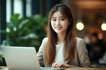 Aufkleber - Young Asian woman in office are working on laptop.