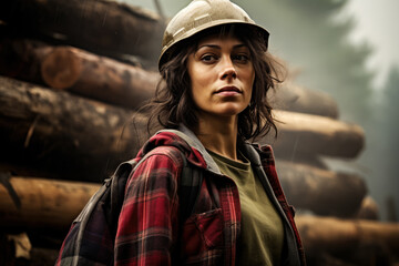 Young logging worker woman at work. Generative AI.