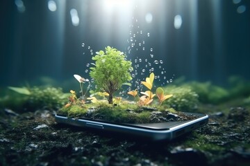 Aufkleber - Nature growing from smartphone, Concept of futuristic environmental protection with modern technology.