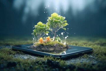 Aufkleber - Nature growing from smartphone, Concept of futuristic environmental protection with modern technology.