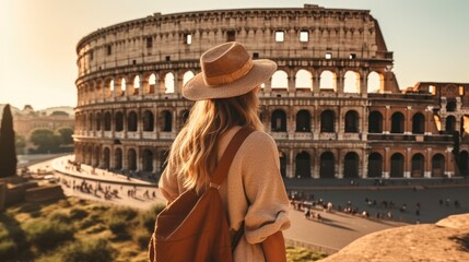 Rear view Young girl with backpack are looking at the Colosseum in Rome, Exciting journey through Italy.