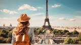 Fototapeta Paryż - Rear view young girl with backpack in hat standing looks into the distance at the Eiffel Tower in Paris, Travel concept.
