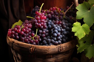 Sticker - close-up of wine grapes in a wooden basket