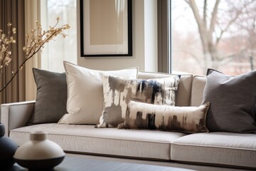 Wall Mural - soft, neutral-toned throw pillows on a sleek sofa