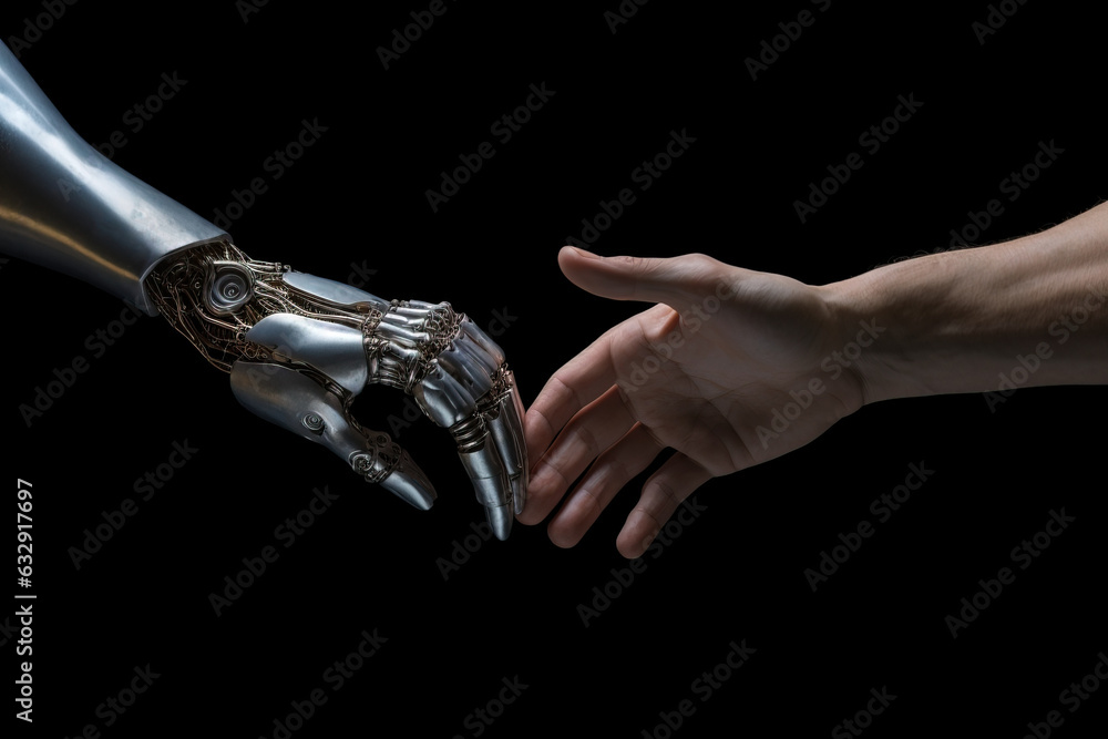 A robotic hand and a human hand making physical contact, symbolizing ...