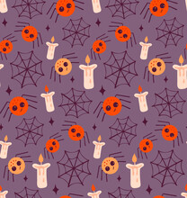 Seamless Autumn Pattern With Spider And Cobweb. Creepy Halloween Wallpaper.