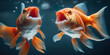 A vibrant pair of goldfish, koi carp, engage in animated underwater chatter, their vivid colors adding life to the aquatic setting. Colorful Aquatic Banter.