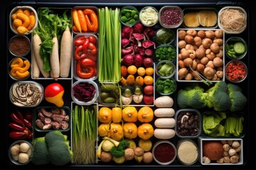 Sticker - top view of a well-organized vegan fridge