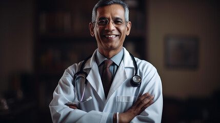 Wall Mural - Smiling middle-aged indian doctor standing in a medical uniform against hospital background.Created with Generative AI technology.