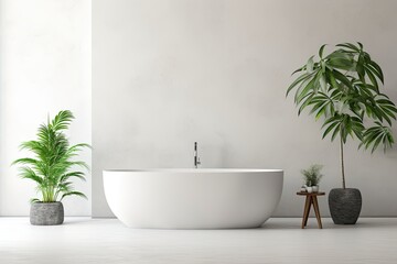 Minimalist and modern interior design of bathroom with white bath tub and house plants