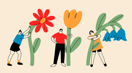 Wall Mural - Various people with a giant Flowers. Young person holding flower. Cute funny isolated characters. Cartoon style. Hand drawn Vector illustration. Flower delivery service, florist, botanical concept
