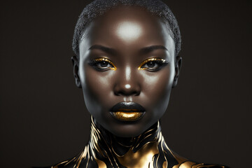 Wall Mural - Amazing beautiful dark afro american black woman face portrait with gold or golden lips. Ai generated