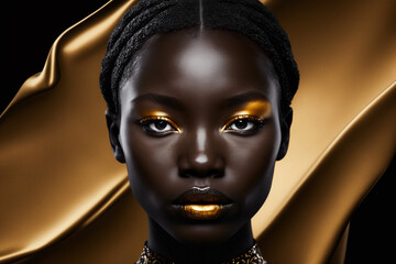 Wall Mural - Amazing beautiful dark afro american black woman face portrait with gold or golden lips. Ai generated